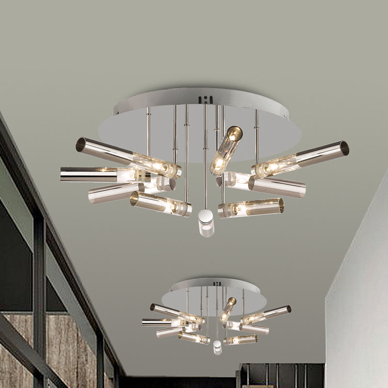 Modern Sputnik Semi Flush Light Stainless Steel 9/21 Lights Dining Room Ceiling Light Fixture with Tube Shade in Silver