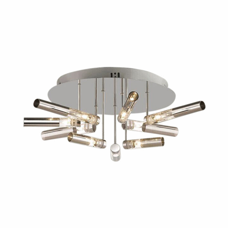 Modern Sputnik Semi Flush Light Stainless Steel 9/21 Lights Dining Room Ceiling Light Fixture with Tube Shade in Silver