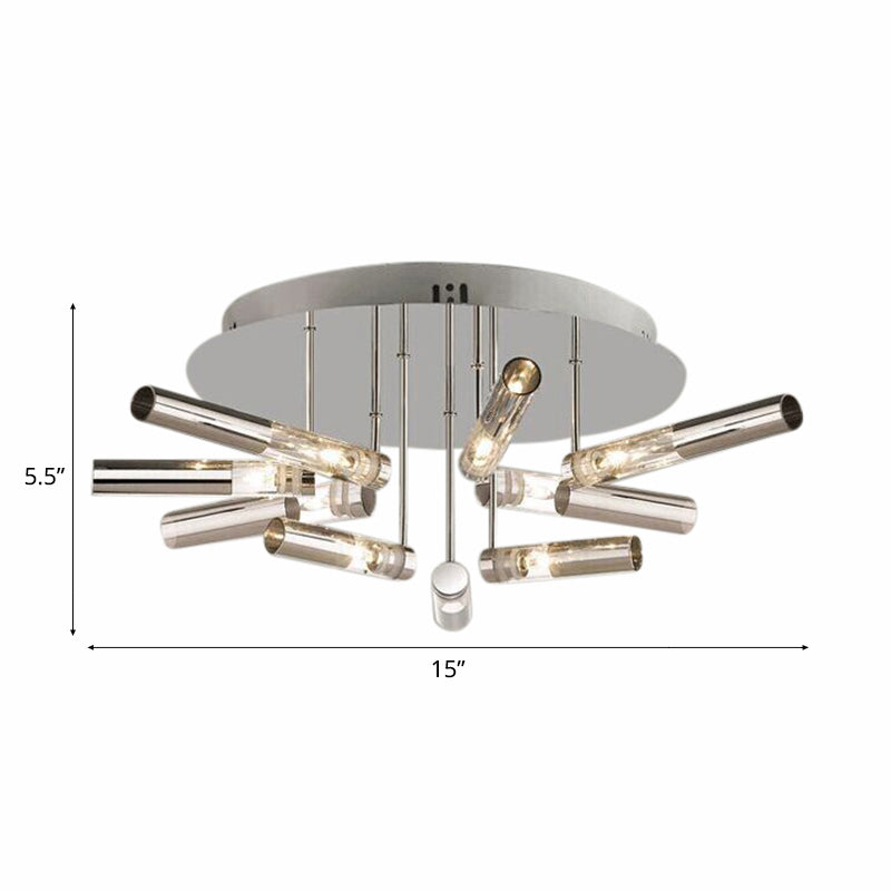 Modern Sputnik Semi Flush Light Stainless Steel 9/21 Lights Dining Room Ceiling Light Fixture with Tube Shade in Silver