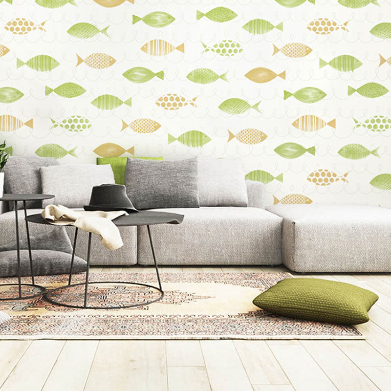 57.1 sq ft. Nordic Wallpaper Roll for Children Bedroom with Cartoon Fish Design in Natural Color