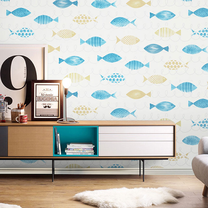 57.1 sq ft. Nordic Wallpaper Roll for Children Bedroom with Cartoon Fish Design in Natural Color