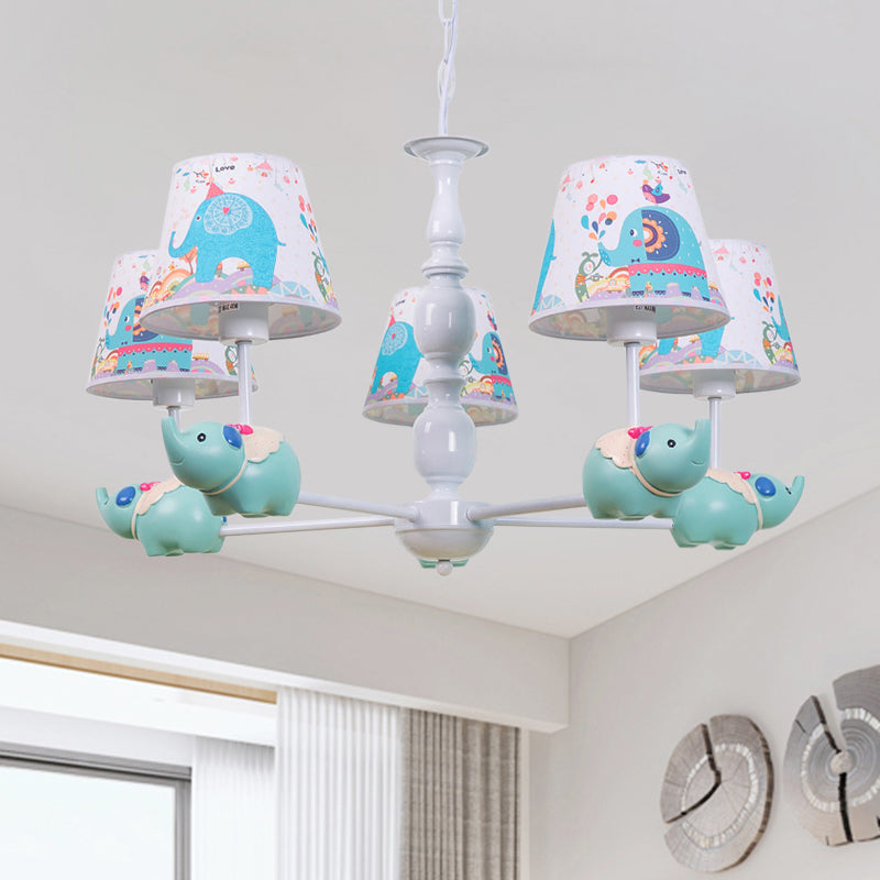 Resin Elephant Hanging Chandelier Cartoon 5/6 Heads Light Blue Ceiling Pendant Light with Barrel Patterned Fabric Shade