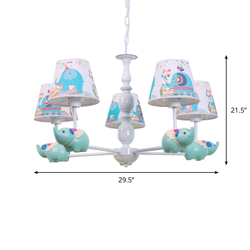 Resin Elephant Hanging Chandelier Cartoon 5/6 Heads Light Blue Ceiling Pendant Light with Barrel Patterned Fabric Shade