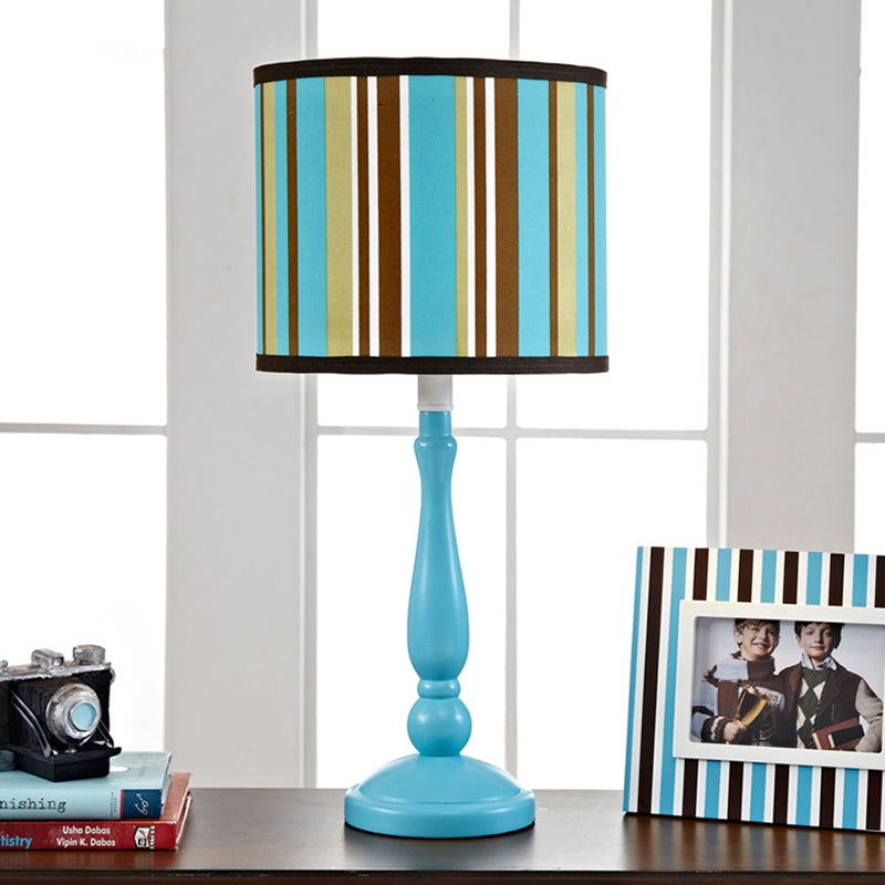 1 Bulb Bedroom Night Table Lamp Modern Blue Nightstand Light with Drum Fabric Shade