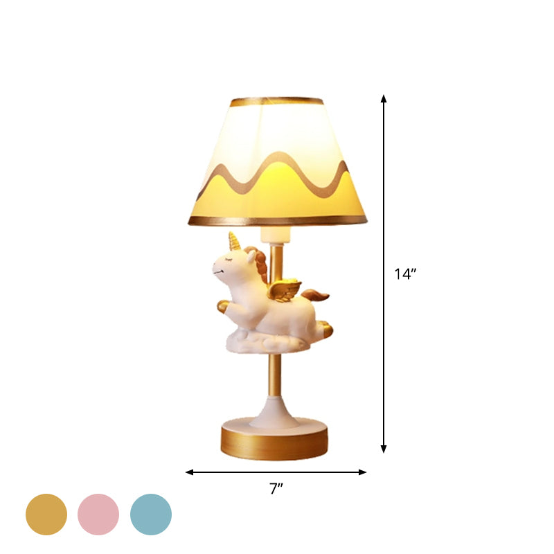 Cartoon 1 Light Table Lighting with Fabric Shade Conical Pink/Blue/Gold Unicorn Nightstand Lamp for Study Room