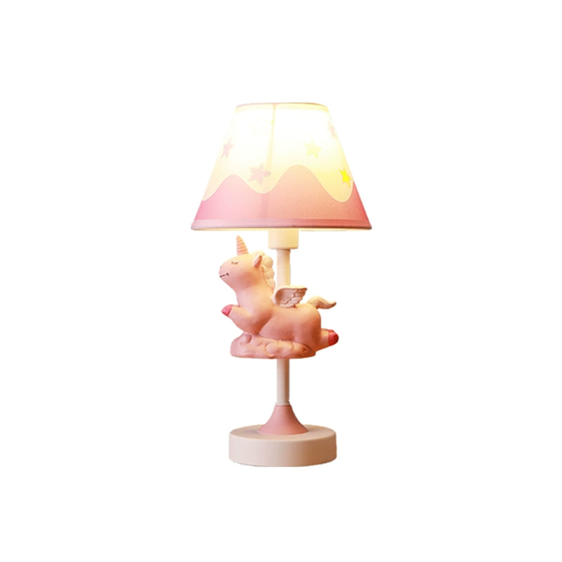 Cartoon 1 Light Table Lighting with Fabric Shade Conical Pink/Blue/Gold Unicorn Nightstand Lamp for Study Room