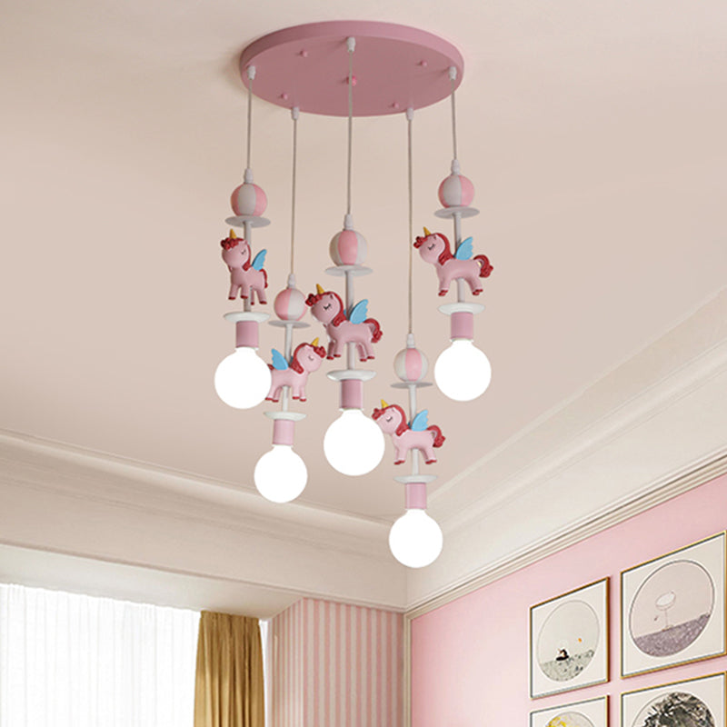 SHAPE UNICORNE Multi-plafonnier Cartonne d'éclairage Resin 5 bulbes Pink / Blue Finish Hanging Lamp Kit avec canopée ronde