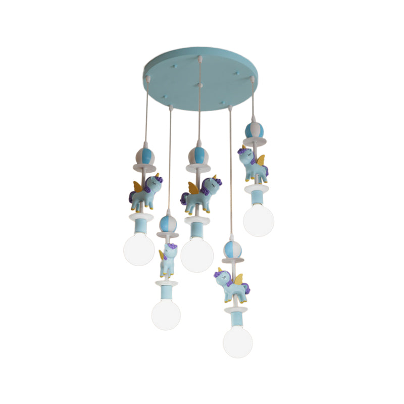 Unicorn Shape Multi Ceiling Light Cartoon Resin 5 Bulbs Pink/Blue Finish Hanging Lamp Kit with Round Canopy