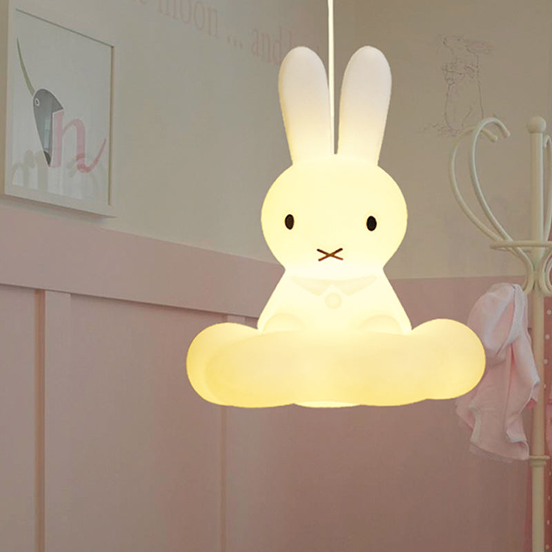 1 Light Kids Room Pendulum Light Cartoon White Ceiling Hang Fixture with Rabbit and Cloud Plastic Shade