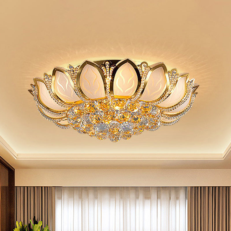 Crystal Orb Flower Mount Lighting Modernism 7 Heads Living Room Flush Lámpara Fixture en Blanco y Oro