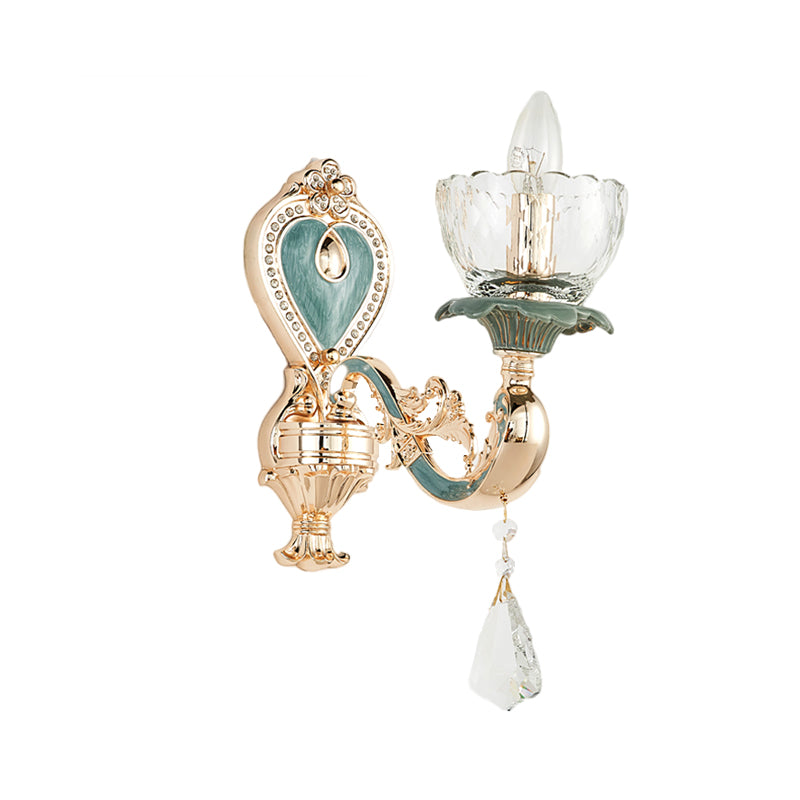 Blue and Gold Single Sconce Light Fixture Traditional Crystal Curved Arm Wall Lighting Idea