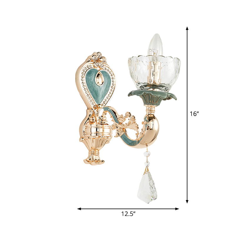 Blue and Gold Single Sconce Light Fixture Traditional Crystal Curved Arm Wall Lighting Idea