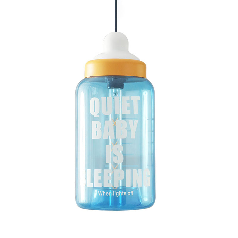 Kids Style Milk Bottle Drop Pendant Blue Glass 1-Head Baby Room Hanging Ceiling Light