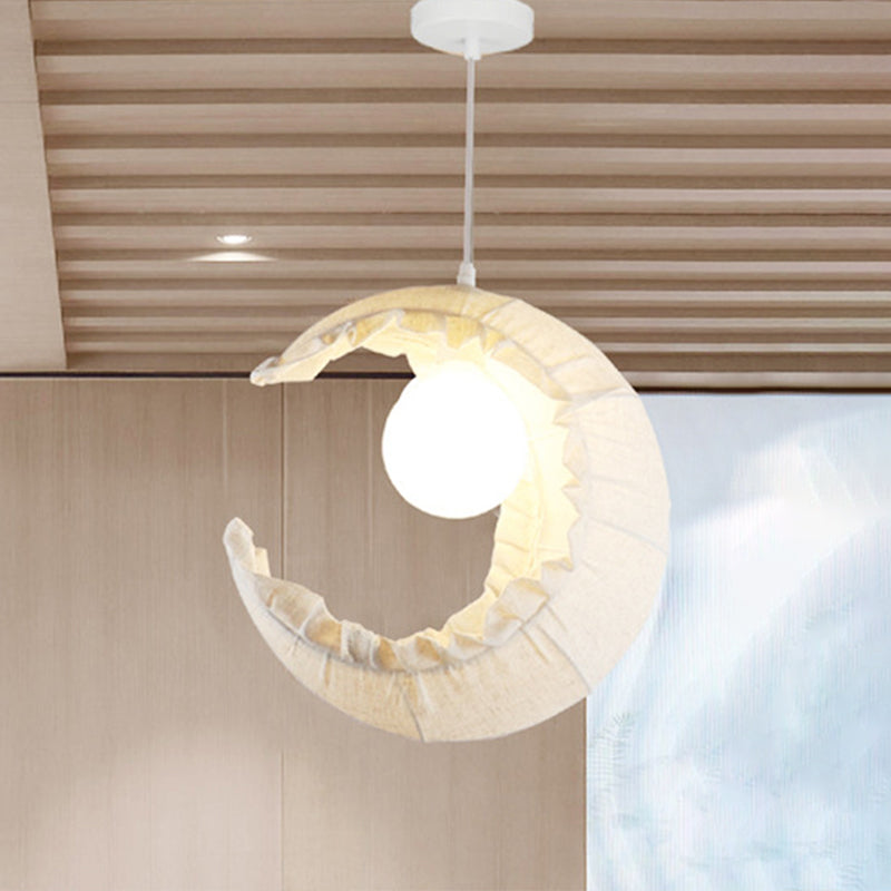 Nordic Crescent Hanging Light Fixture Fabric Single Balcony Ceiling Pendant with Rattan Ball Shade in Flaxen