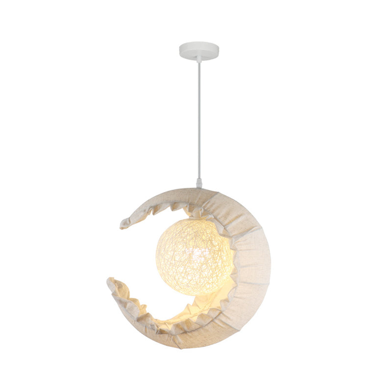 Nordic Crescent Hanging Light Fixture Fabric Single Balcony Ceiling Pendant with Rattan Ball Shade in Flaxen