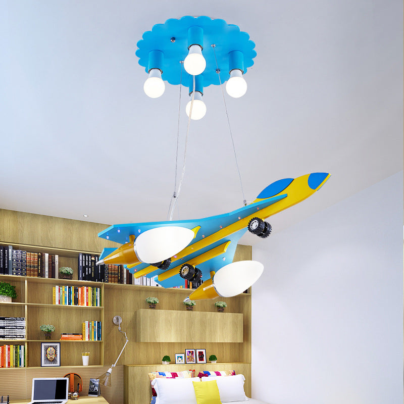 Fighter Jet asilo per lampada a goccia in legno a 6 luci ciondoli lampadari per bambini con tonalità di vetro opale