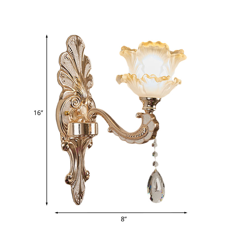 Layered Lettuce-Edge Chamber Wall Lamp Antique Frosted Glass 1/2-Light Gold Sconce Light Fixture