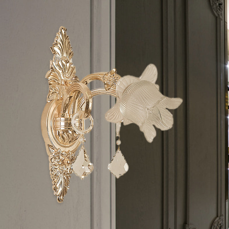 Frosted White Glass Bluebells Wall Light Traditional 1/2-Head Family Room Wall Sconce in Gold