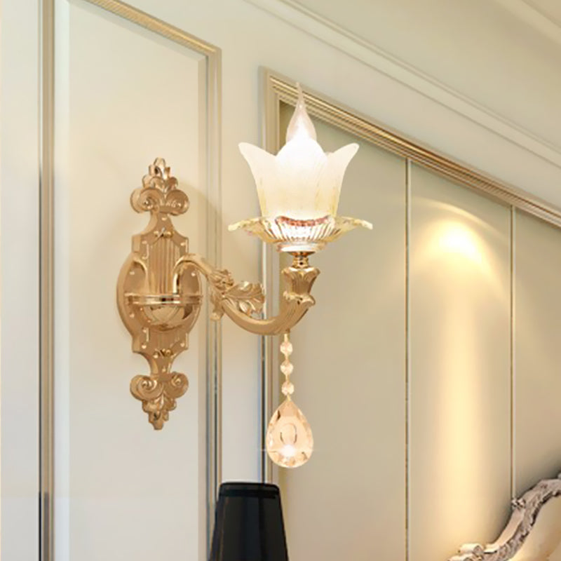 Scalloped Bedside Wall Lamp Traditional Frosted Glass 1/2-Bulb Gold Sconce Light Fixture