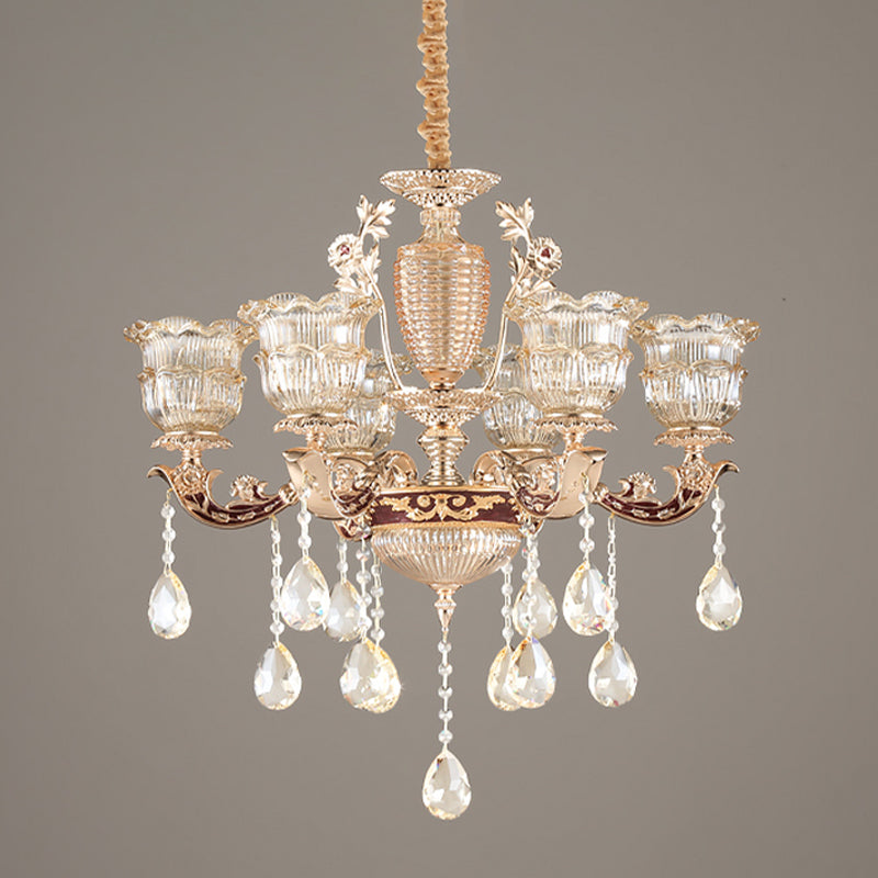 Layered Ruffle Ribbed Glass Drop Pendant 6 Bulbs Bedroom Chandelier Lighting in Gold with Dangling Crystal