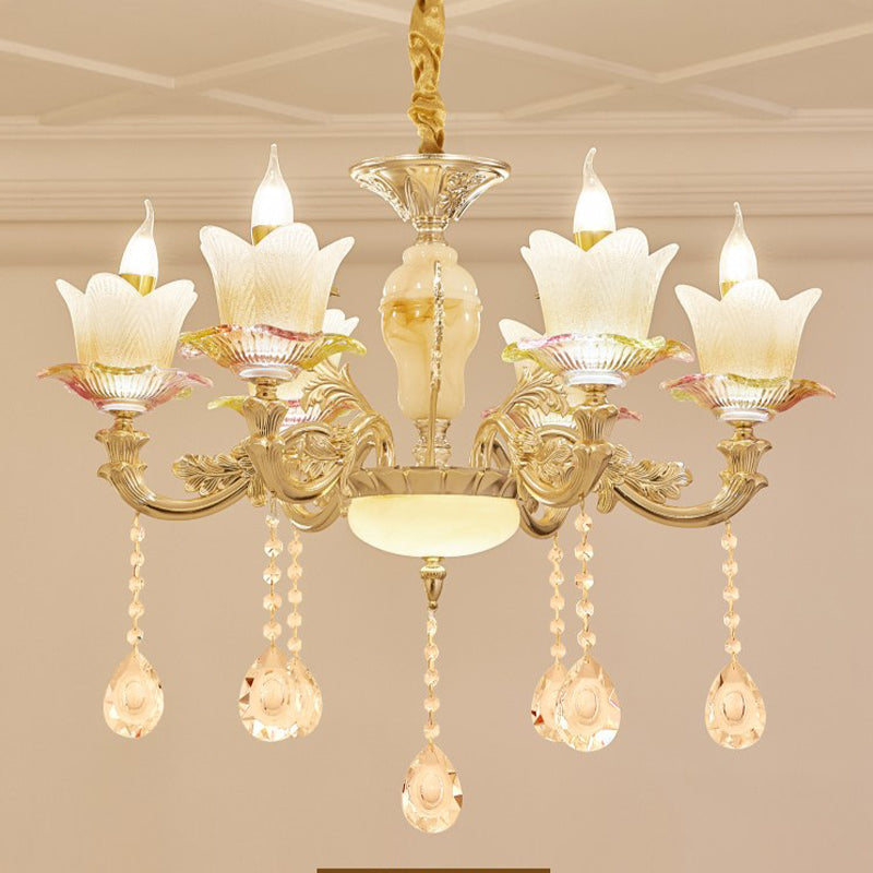 Floral Family Room Ceiling Chandelier Antique White Glass 6-Head Gold Hanging Light Fixture