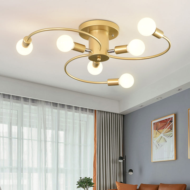 6 Lights Swirl Semi Flush Mount Nordic Metal Gold/Black Living Room Ceiling Flush Mount Light