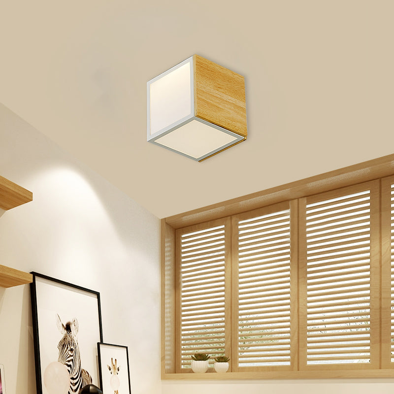 Wooden Box LED Flush Mount Light Modern Chinese 1-Light Natural Wood Ceiling Lamp in Warm/White Light