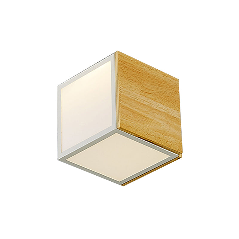 Wooden Box LED Flush Mount Light Modern Chinese 1-Light Natural Wood Ceiling Lamp in Warm/White Light