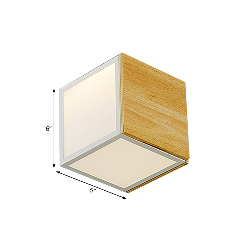 Wooden Box LED Flush Mount Light Modern Chinese 1-Light Natural Wood Ceiling Lamp in Warm/White Light