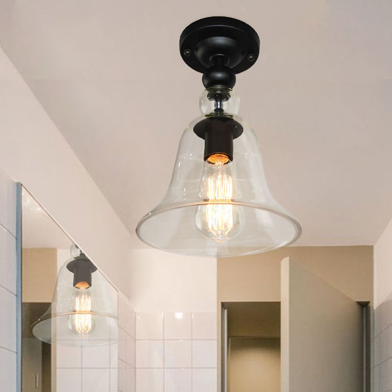 Contemporary 1 Light Semi Flush Mount Lighting with Glass Shade Black Bell Semi Flush Ceiling Light