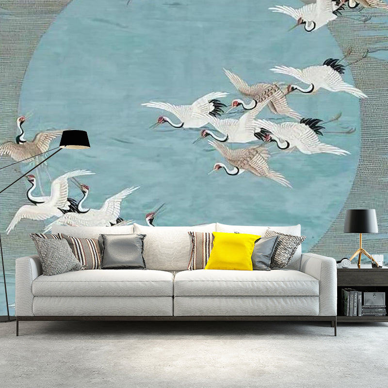 Asia Inspired Wild Crane Mural for Living Room, Custom-Printed Wall Art in Blue and Grey