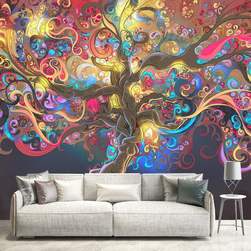 Entwined Tree Wall Mural Decal for Girl Fantasy Wall Covering in Yellow and Pink, Custom Size Available