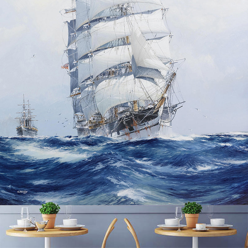 Blue and White Boat Mural Wallpaper Moisture-Resistant Wall Covering for Dining Room