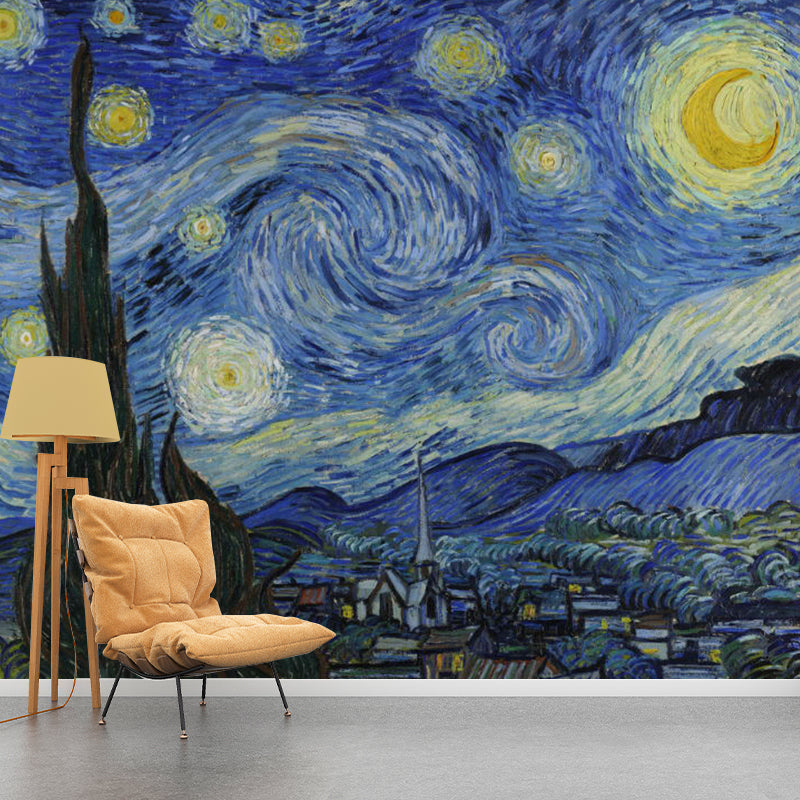 Extra Large Illustration Sky Mural Wallpaper for Bedroom Decor in Blue and Yellow, Made to Measure