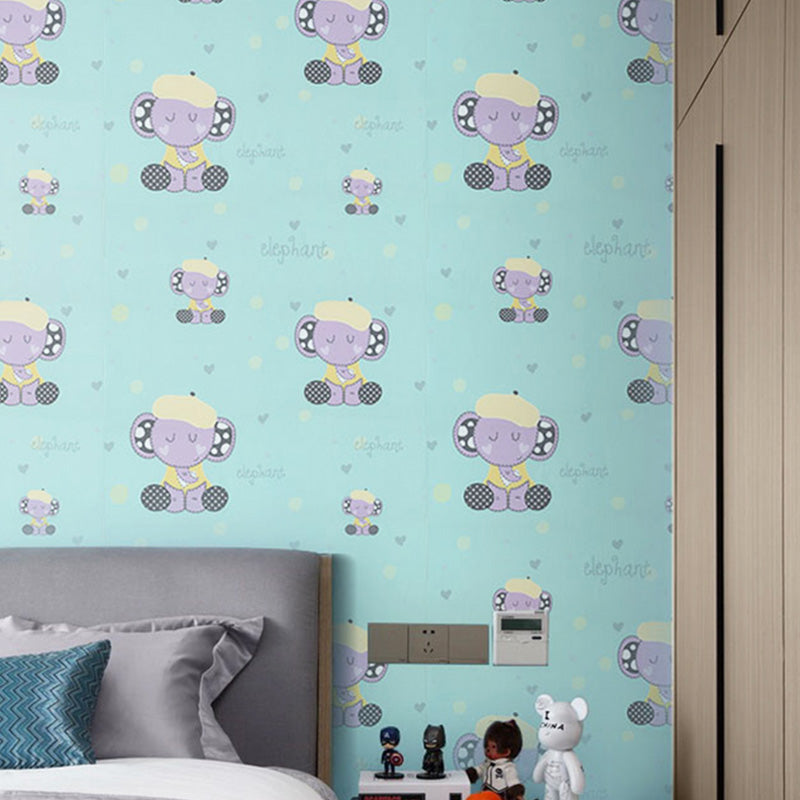 33' x 20.5" Contemporary Wallpaper Roll in Pastel Color Cute Elephant Wall Decor, Non-Pasted