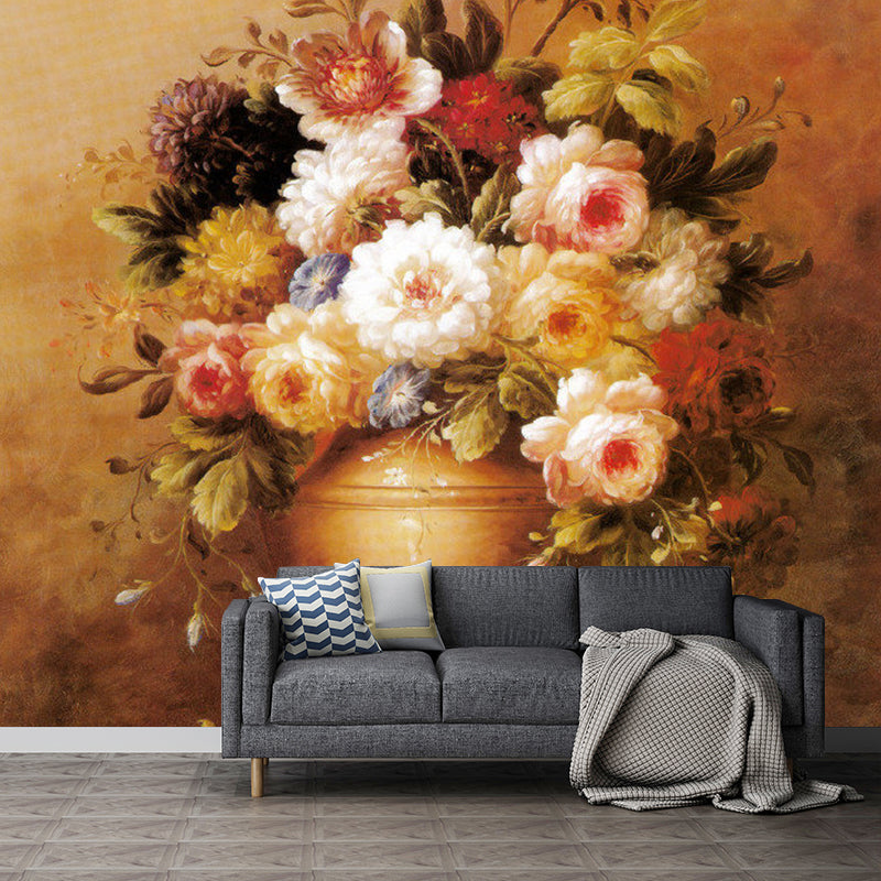 Retro Vase Blossoms Wall Decor for Fireplace, Customized Size Mural Wallpaper in Brown
