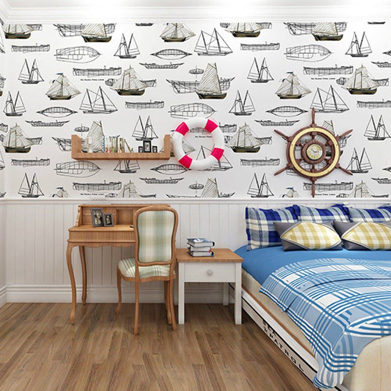 20.5" x 33' Sea Wallpaper Roll for Children Cartoon Sailing Boats Wall Decor in Soft Color, Stain-Resistant