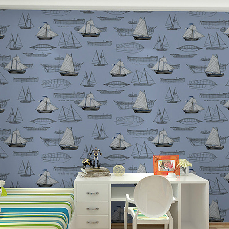 20.5" x 33' Sea Wallpaper Roll for Children Cartoon Sailing Boats Wall Decor in Soft Color, Stain-Resistant