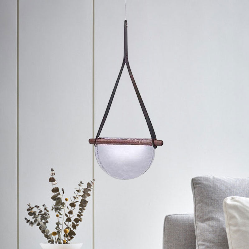 Modernist Raindrop Pendant Light Kit Smoke Grey/Clear/Amber Glass Dining Table LED Hanging Lamp with Brown Leather Strap