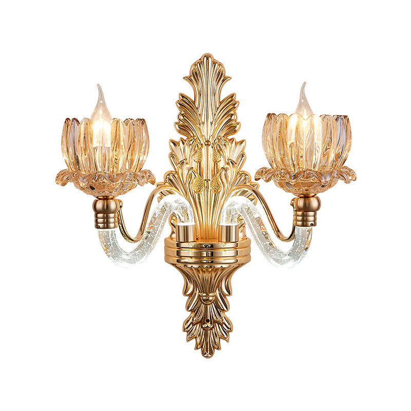Mid Century Floral Sconce Lamp Fixture 2 Lights Ribbed Glass Wall Mounted Light in Gold