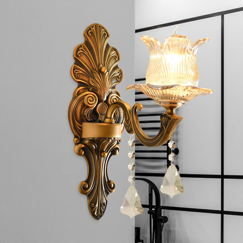 Brass Single-Bulb Wall Sconce Traditional Ribbed Glass 2 Layers Floral Wall Mounted Lighting