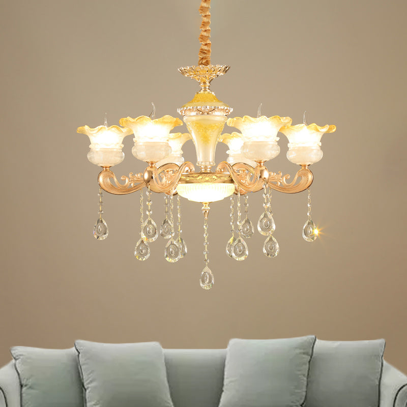 Fading Yellow Glass Ruffle Chandelier Postmodern 6 Lights Hotel Hanging Lamp in Gold