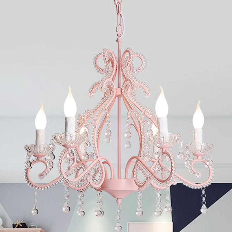 Crystal kralen roze kroonluchter lamp kandelaar 6 lichten moderne hanglamp met een hanglamp