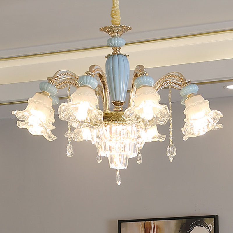 Drooping Flower Frosted Glass Drop Lamp Rustic 6 Heads Bedroom Ceiling Chandelier in Blue