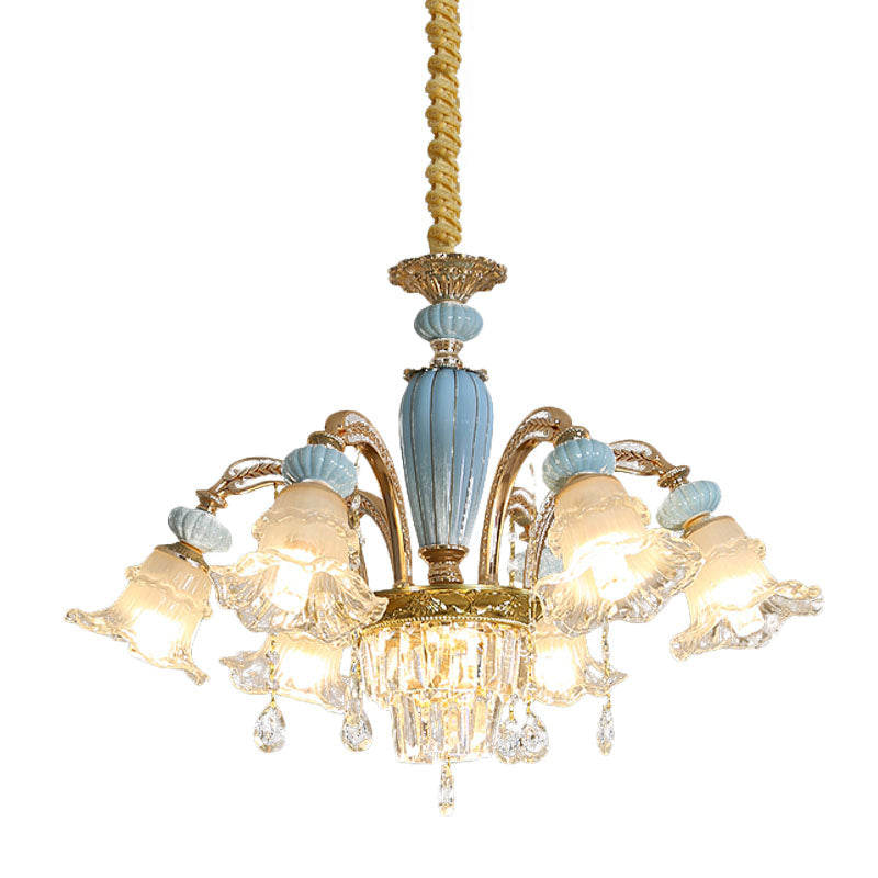 Drooping Flower Frosted Glass Drop Lamp Rustic 6 Heads Bedroom Ceiling Chandelier in Blue