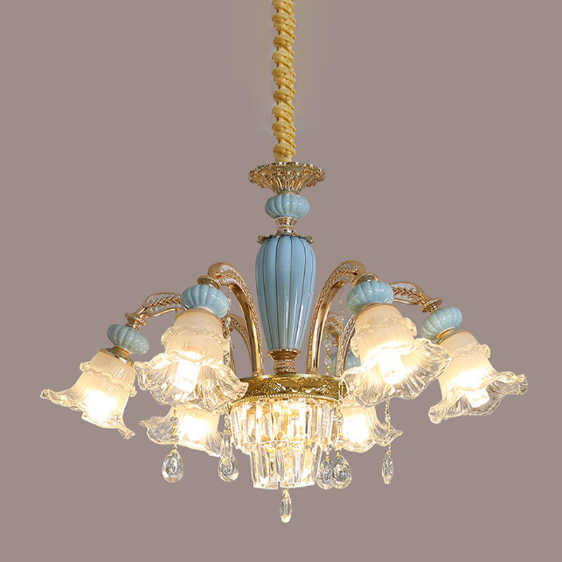 Drooping Flower Frosted Glass Drop Lamp Rustic 6 Heads Bedroom Ceiling Chandelier in Blue