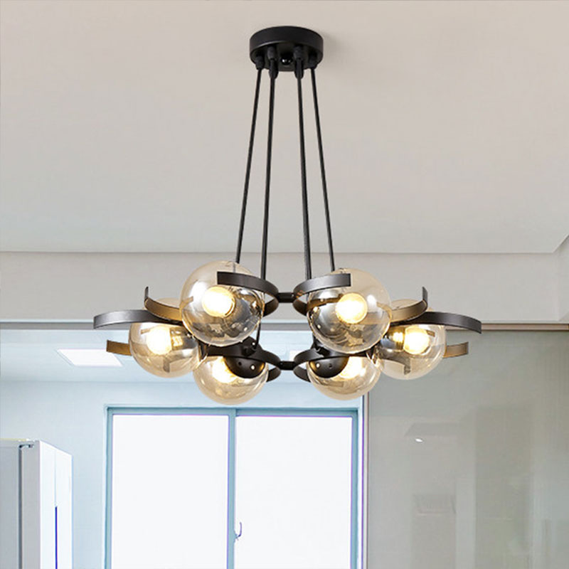 Black 6 Lights Multiple Hanging Light Industrial Clear Glass Ball Shade Cluster Pendant