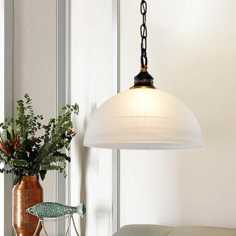 Single-Bulb Dome Ceiling Pendant Light Vintage White Frosted Glass Hanging Lamp for Living Room with Chain