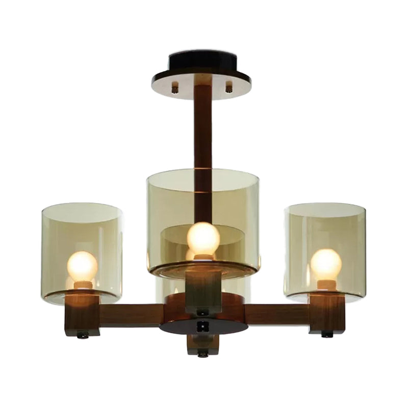 Wood Cylinder Chandelier Light with Radial Design Industrial 4/6/8 Lights Amber Glass Hanging Pendant Lamp