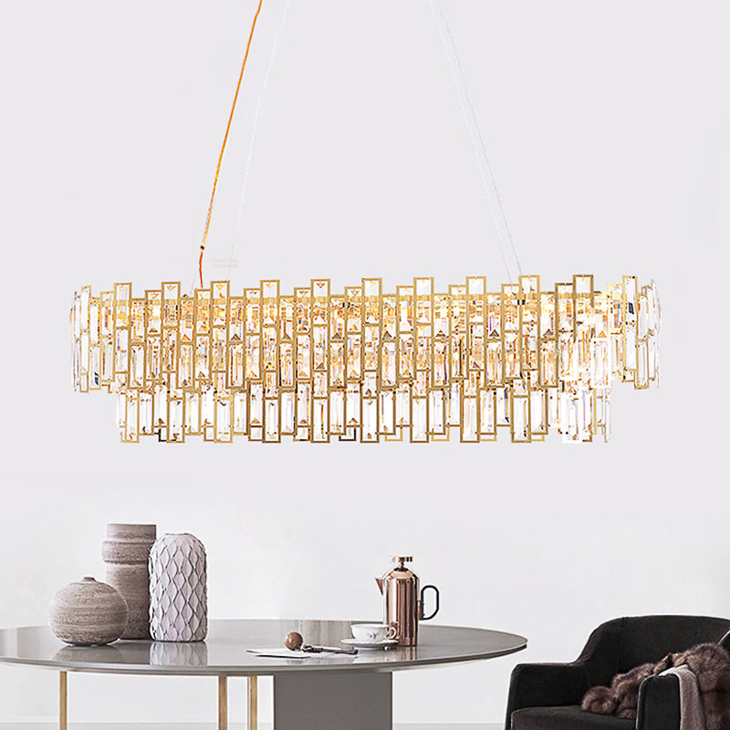 Crystal Block Linear Chandelier Light Contemporary Gold LED Hanging Ceiling Lamp for Living Room, 35.5"/45" Wide